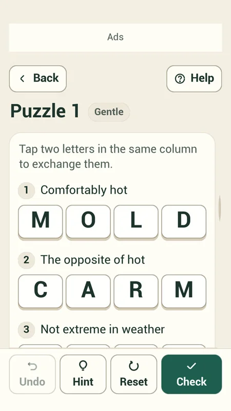 Word Swap puzzle with clues and letter tiles.